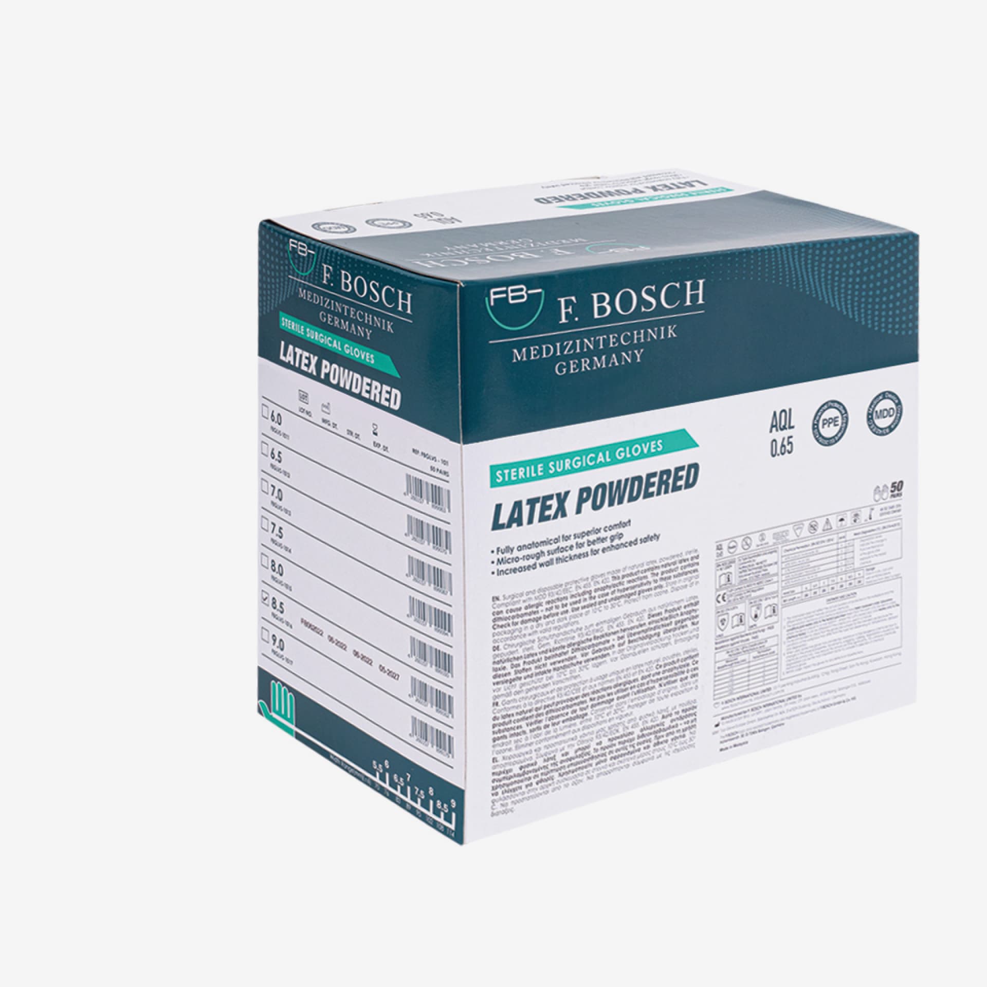 FBGLVS-1015: F. Bosch Sterile Surgical Latex Powdered Gloves, size 8