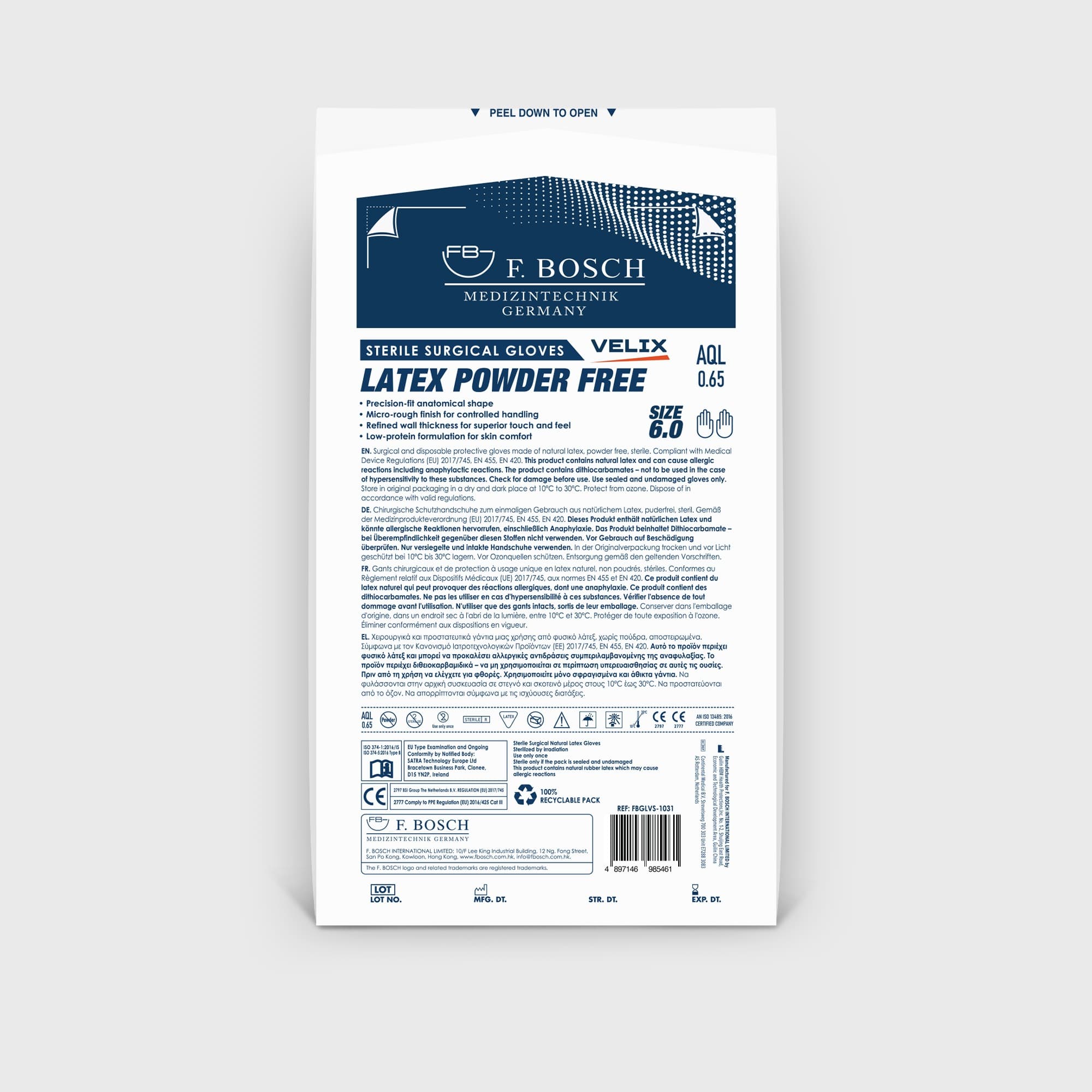 FBGLVS-1031: F. Bosch Sterile Surgical Latex Powder-Free Gloves — Velix, size 6