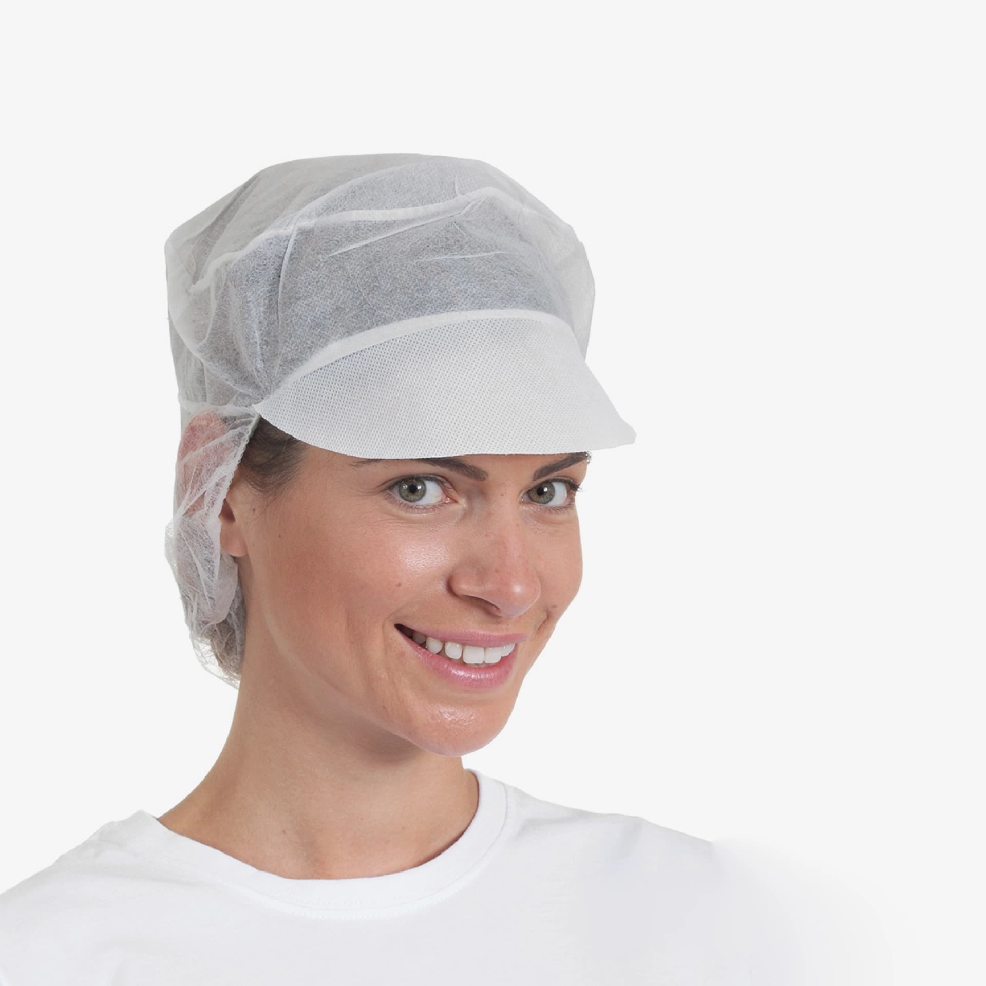 PRCL-1027: F. Bosch Cap with Visor Non-Woven (with Snood), White